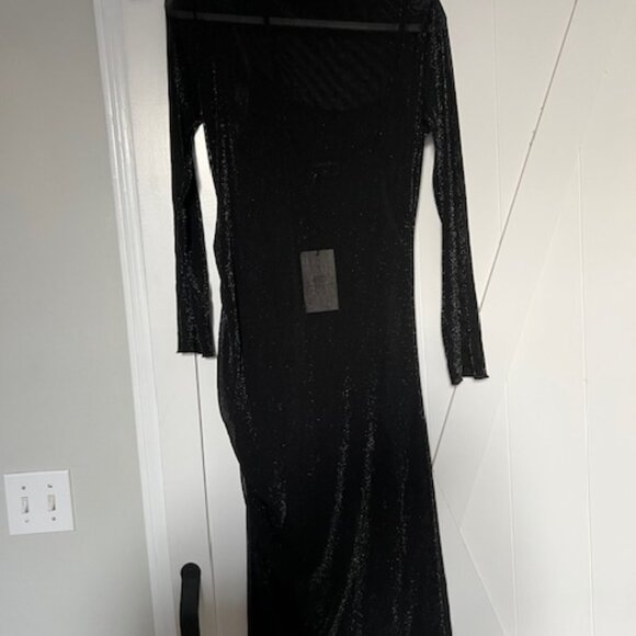Pinkblush - Black Shimmer Mesh Long Sleeve Ruched Maternity Midi Dress - Picture 7 of 10